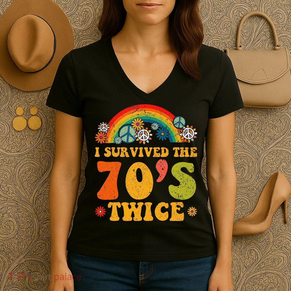 I Survived the 70s Twice Funny 90th Birthday Retro Women's V-Neck T-Shirt