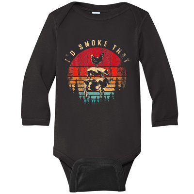 Id Smoke That Funny Smoked Meat BBQ Chef Barbecue Baby Long Sleeve Bodysuit