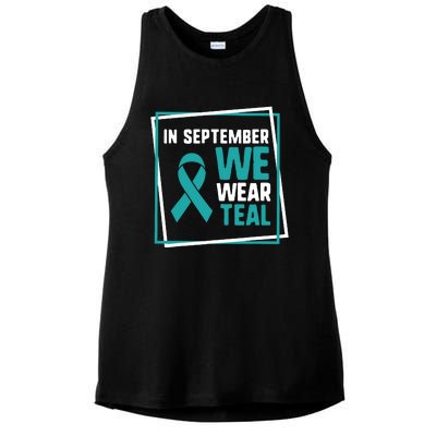 In September We Wear Teal Cervical Ovarian Cancer Awareness Ladies PosiCharge Tri-Blend Wicking Tank