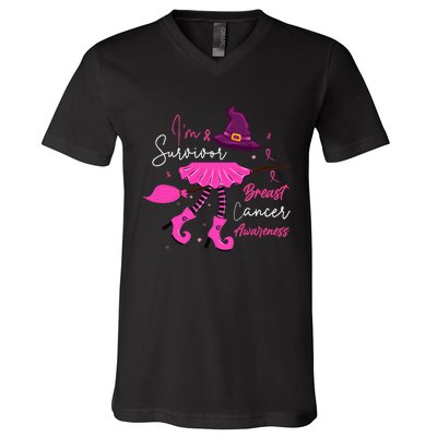 I’m Survivor Witch Breast Cancer Pink Ribbon Halloween V-Neck T-Shirt