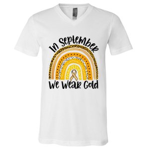 In September We Wear Gold Rainbow Hood Cancer Awareness Gift V-Neck T-Shirt