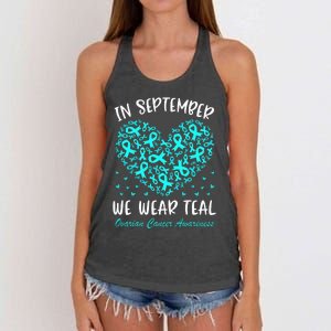 In September We Wear Teal Ovarian Cancer Awareness Women's Knotted Racerback Tank