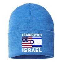 I Stand With Israel Usa American Flag With Israel Flag Sustainable Knit Beanie