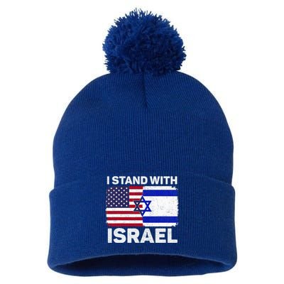 I Stand With Israel Usa American Flag With Israel Flag Pom Pom 12in Knit Beanie