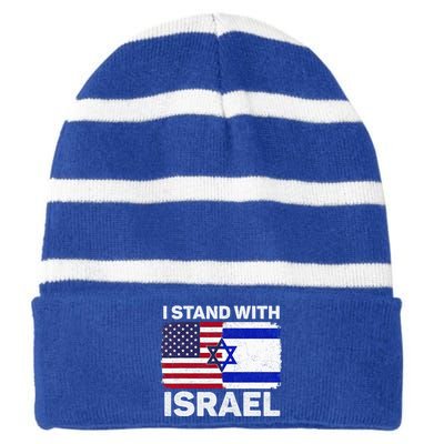 I Stand With Israel Usa American Flag With Israel Flag Striped Beanie with Solid Band