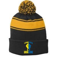 I Stand With Ukriane Protest Fist Support Ukaine Stripe Pom Pom Beanie