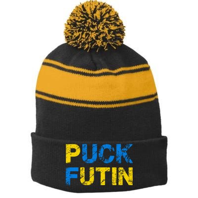 I Stand With Ukraine Puck Futin Support Stripe Pom Pom Beanie