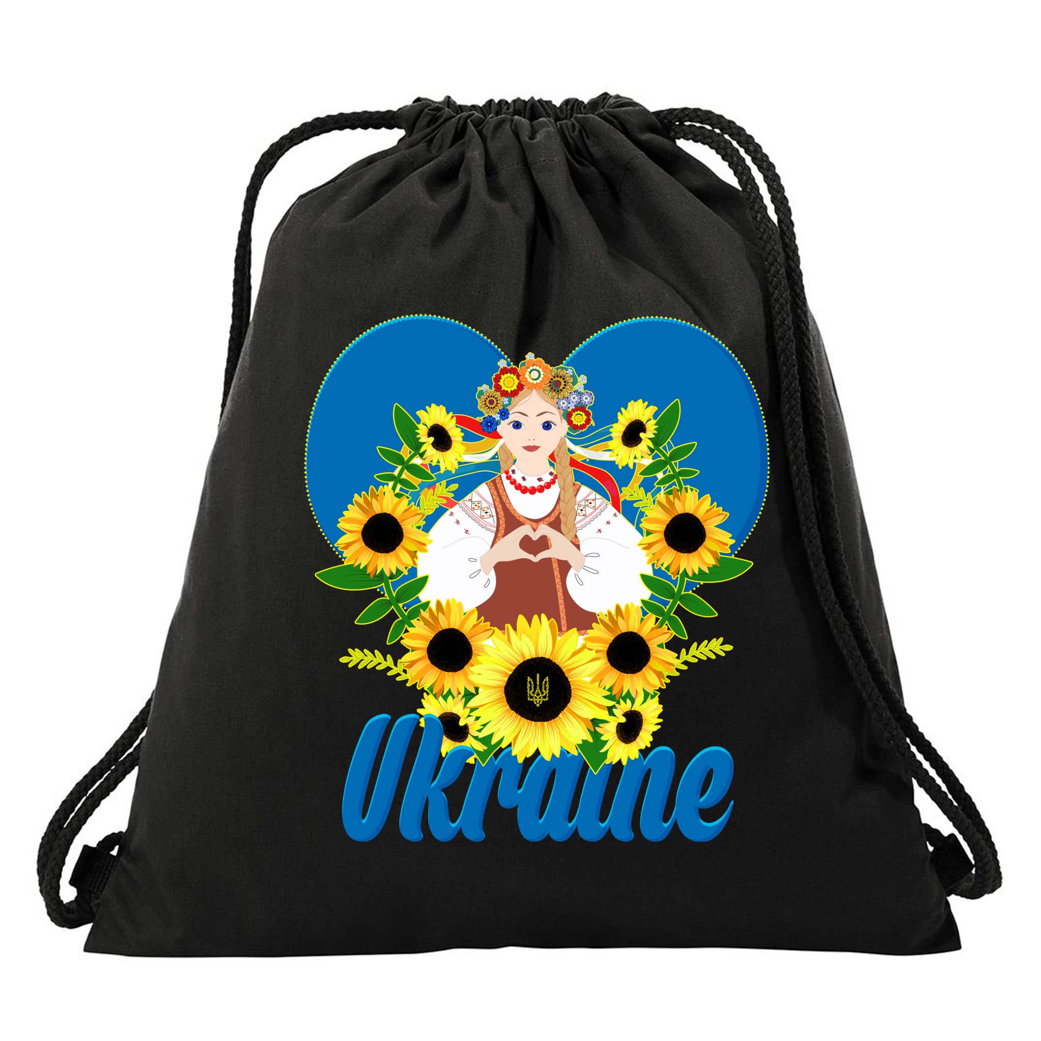 I Stand With Ukraine Traditional Ukrainian Sunflower Girl Drawstring Bag
