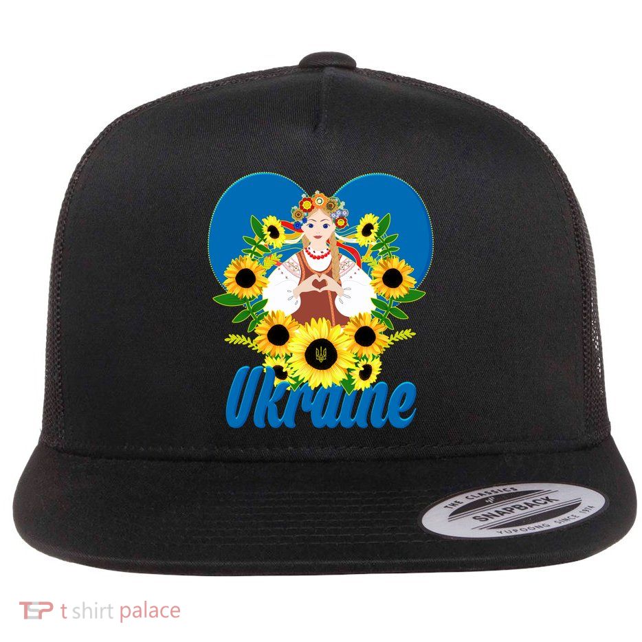 I Stand With Ukraine Traditional Ukrainian Sunflower Girl Flat Bill Trucker Hat