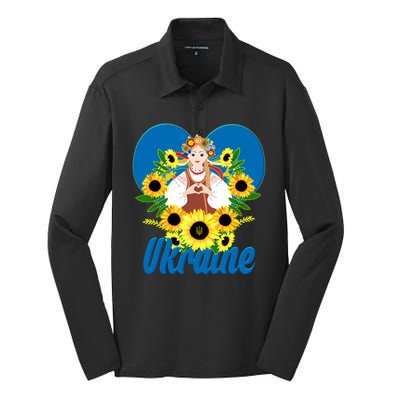 I Stand With Ukraine Traditional Ukrainian Sunflower Girl Silk Touch Performance Long Sleeve Polo