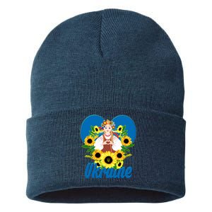 I Stand With Ukraine Traditional Ukrainian Sunflower Girl Sustainable Knit Beanie