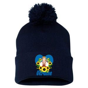 I Stand With Ukraine Traditional Ukrainian Sunflower Girl Pom Pom 12in Knit Beanie