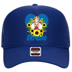 I Stand With Ukraine Traditional Ukrainian Sunflower Girl High Crown Mesh Back Trucker Hat