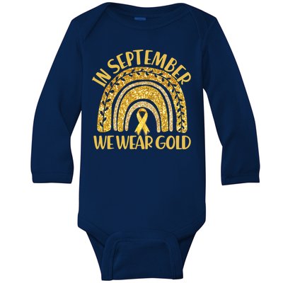 In September We Wear Gold Childhood Cancer Awareness Golden Rainbow Baby Long Sleeve Bodysuit