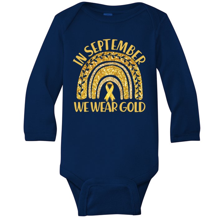 In September We Wear Gold Childhood Cancer Awareness Golden Rainbow Baby Long Sleeve Bodysuit