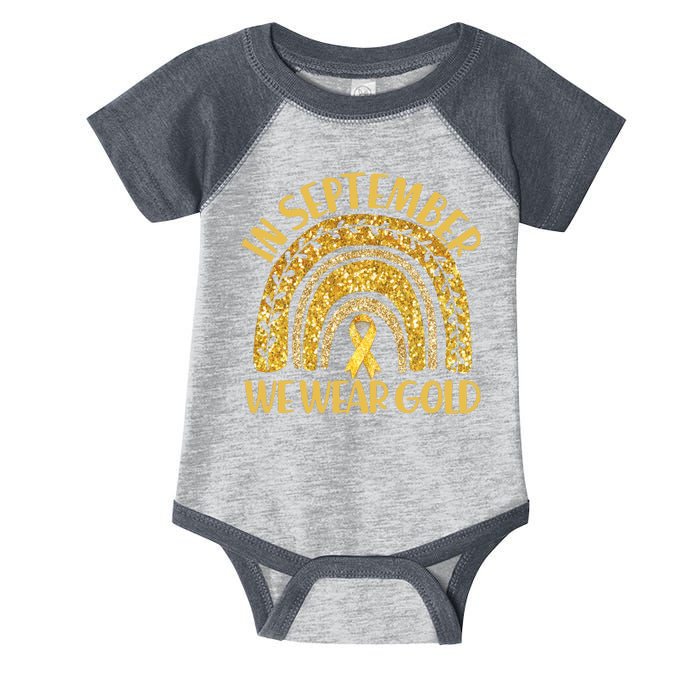 In September We Wear Gold Childhood Cancer Awareness Golden Rainbow Infant Baby Jersey Bodysuit