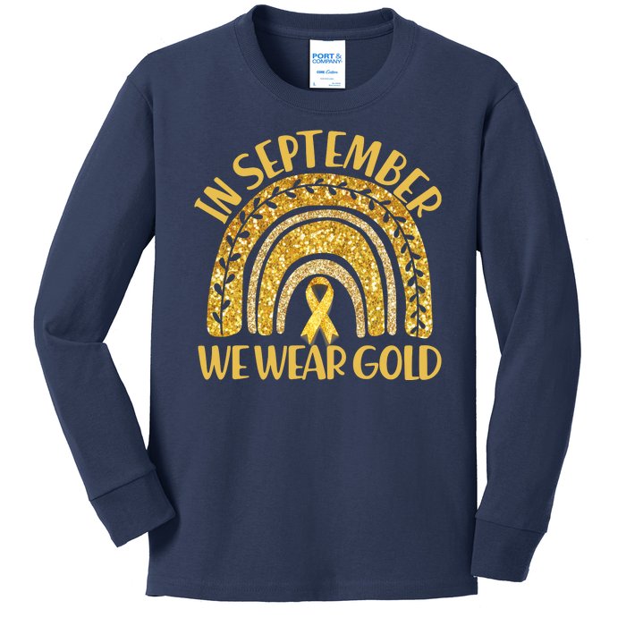 In September We Wear Gold Childhood Cancer Awareness Golden Rainbow Kids Long Sleeve Shirt