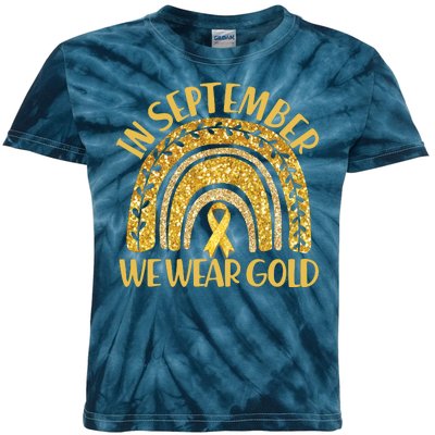 In September We Wear Gold Childhood Cancer Awareness Golden Rainbow Kids Tie-Dye T-Shirt