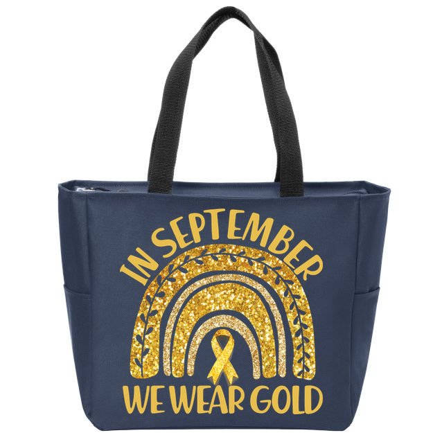 In September We Wear Gold Childhood Cancer Awareness Golden Rainbow Zip Tote Bag