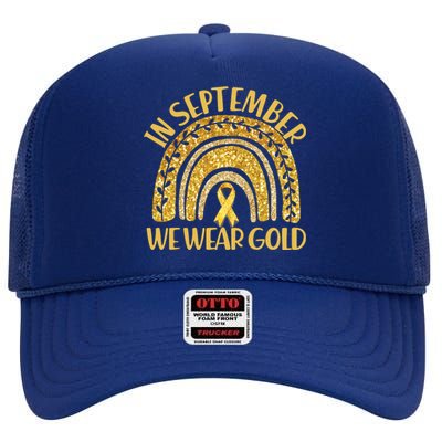 In September We Wear Gold Childhood Cancer Awareness Golden Rainbow High Crown Mesh Back Trucker Hat