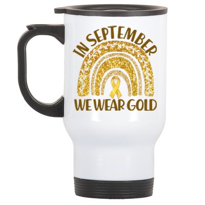 In September We Wear Gold Childhood Cancer Awareness Golden Rainbow Stainless Steel Travel Mug