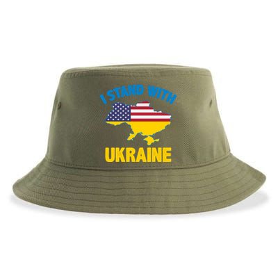 I Stand With Ukraine Map American Flag Us Support Ukrainian Gift Sustainable Bucket Hat