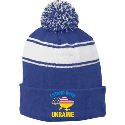 I Stand With Ukraine Map American Flag Us Support Ukrainian Gift Stripe Pom Pom Beanie