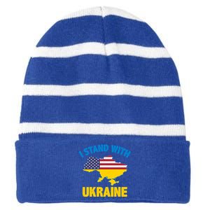 I Stand With Ukraine Map American Flag Us Support Ukrainian Gift Striped Beanie with Solid Band