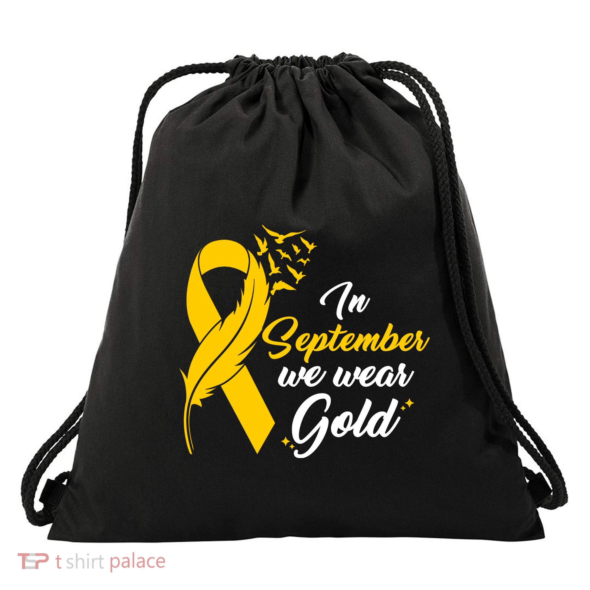 In September We Wear Gold Childhood Cancer Awareness Drawstring Bag