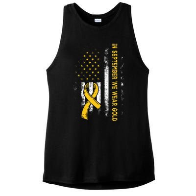 In September We Wear Gold Us Flag Childhood Cancer Awareness Ladies PosiCharge Tri-Blend Wicking Tank