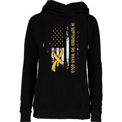 In September We Wear Gold Us Flag Childhood Cancer Awareness Womens Funnel Neck Pullover Hood