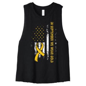 In September We Wear Gold Us Flag Childhood Cancer Awareness Women's Racerback Cropped Tank