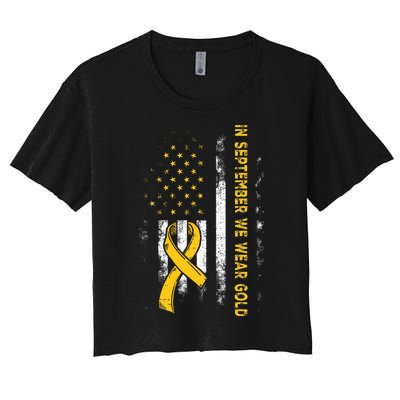 In September We Wear Gold Us Flag Childhood Cancer Awareness Women's Crop Top Tee