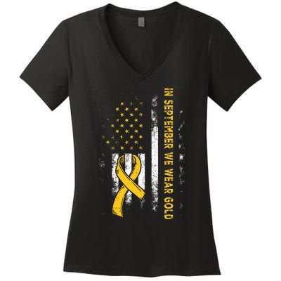 In September We Wear Gold Us Flag Childhood Cancer Awareness Women's V-Neck T-Shirt