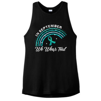 In September We Wear Teal Rainbow Ovarian Cancer Awareness Ladies PosiCharge Tri-Blend Wicking Tank