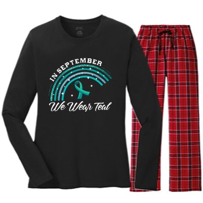 In September We Wear Teal Rainbow Ovarian Cancer Awareness Women's Long Sleeve Flannel Pajama Set 