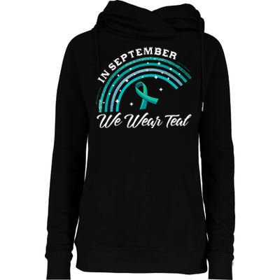 In September We Wear Teal Rainbow Ovarian Cancer Awareness Womens Funnel Neck Pullover Hood