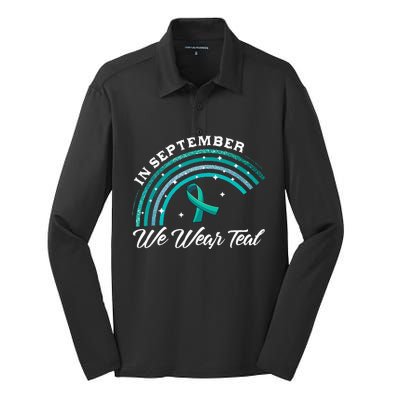 In September We Wear Teal Rainbow Ovarian Cancer Awareness Silk Touch Performance Long Sleeve Polo