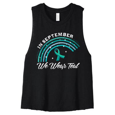 In September We Wear Teal Rainbow Ovarian Cancer Awareness Women's Racerback Cropped Tank