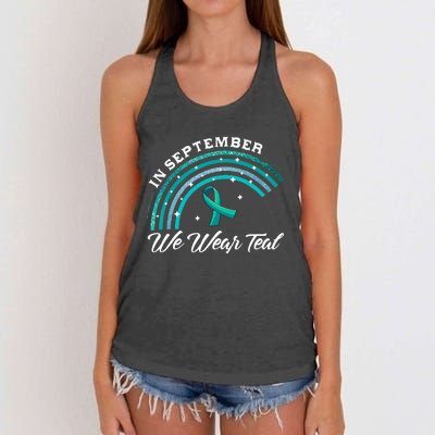 In September We Wear Teal Rainbow Ovarian Cancer Awareness Women's Knotted Racerback Tank