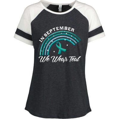 In September We Wear Teal Rainbow Ovarian Cancer Awareness Enza Ladies Jersey Colorblock Tee