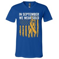 In September We Wear Gold Childhood Cancer Awareness Us Flag V-Neck T-Shirt