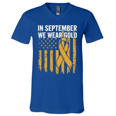 In September We Wear Gold Childhood Cancer Awareness Us Flag V-Neck T-Shirt