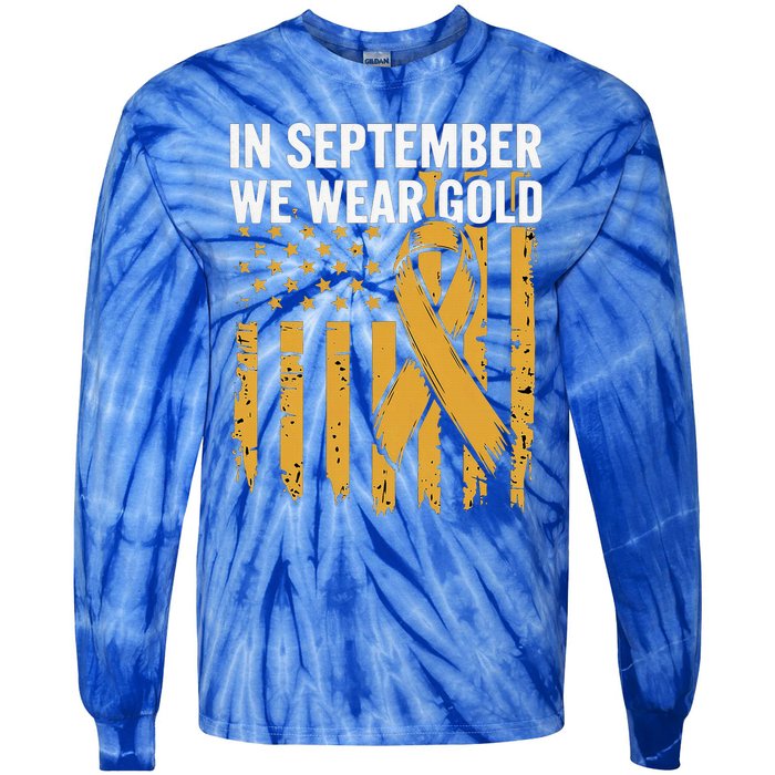 In September We Wear Gold Childhood Cancer Awareness Us Flag Tie-Dye Long Sleeve Shirt