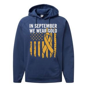 In September We Wear Gold Childhood Cancer Awareness Us Flag Performance Fleece Hoodie