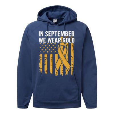 In September We Wear Gold Childhood Cancer Awareness Us Flag Performance Fleece Hoodie