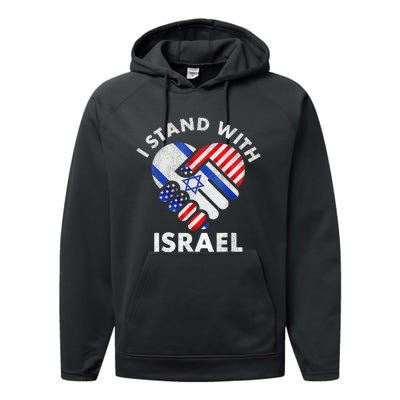 I Stand With Israel Usa American Flag With Israel Flag Heart Performance Fleece Hoodie