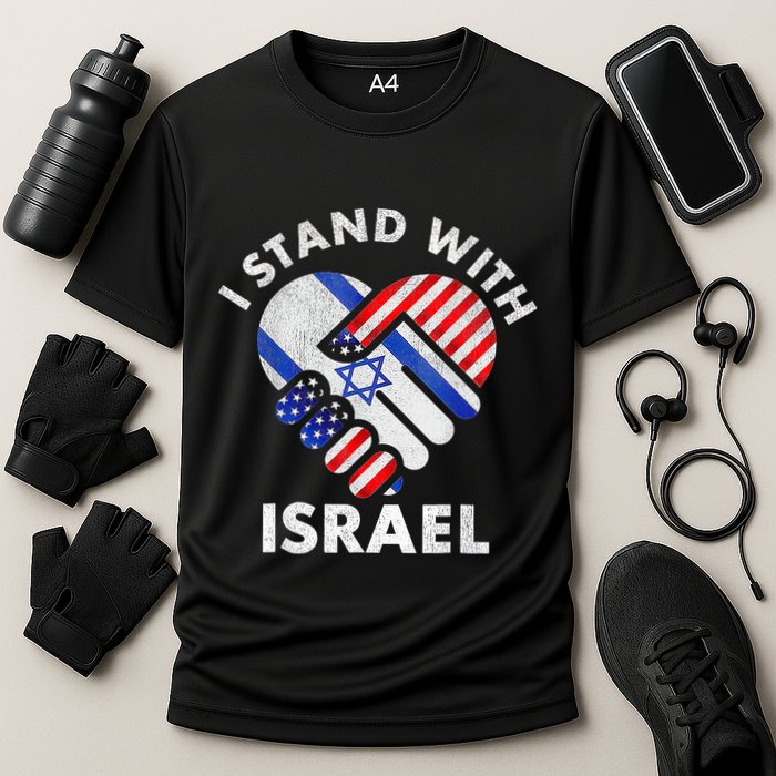 I Stand With Israel Usa American Flag With Israel Flag Heart Cooling Performance Crew T-Shirt