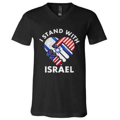 I Stand With Israel Usa American Flag With Israel Flag Heart V-Neck T-Shirt