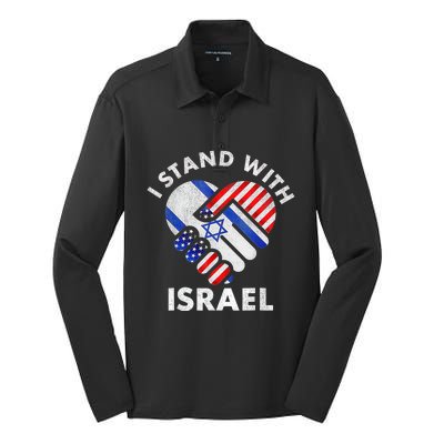 I Stand With Israel Usa American Flag With Israel Flag Heart Silk Touch Performance Long Sleeve Polo